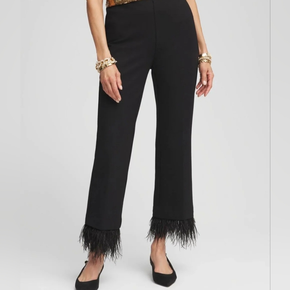 New Chico's So Slimming 360 Juliet  Feathers Kick Flare Black Pants, Sz 1R/US 8R